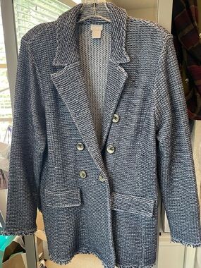 Chico's Navy and White Textured Double-Breasted Blazer fits like a 12